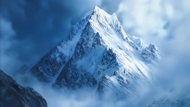 Snow capped mountain peak surrounded by clouds in cool blue tones