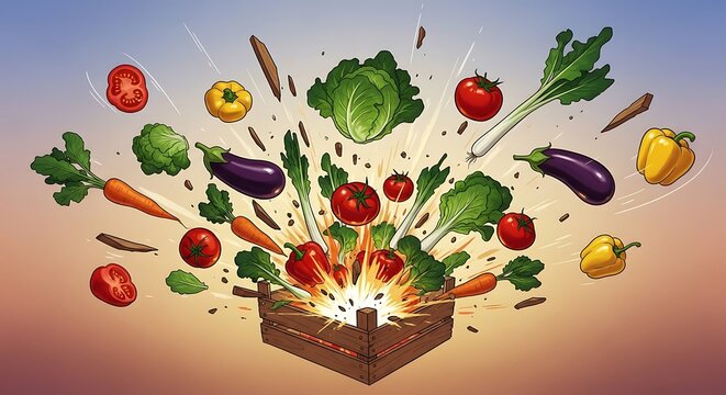 Colorful illustration of fresh vegetables exploding dynamically out of a wooden crate.