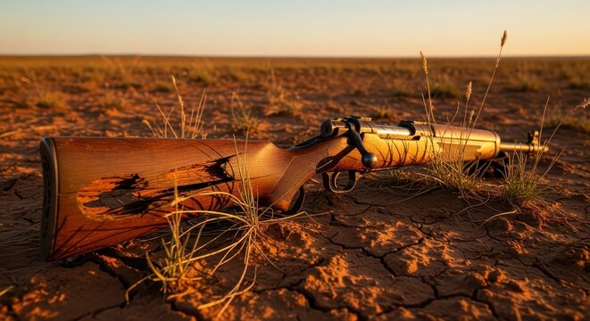 Broken Rifle Stock with Splintered Wood in Arid Field