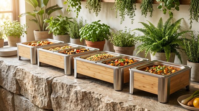 Catering food in chafing dishes on table with plants