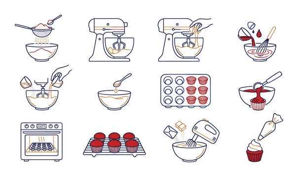 Baking process icons for red velvet cupcakes with mixer and oven