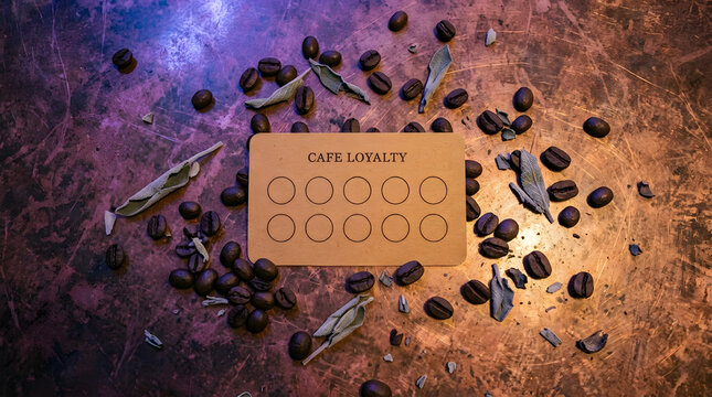 Macro Overhead Blank Amber Loyalty Punch Card on Copper Cafe Counter with Sage Coffee Beans Scattered