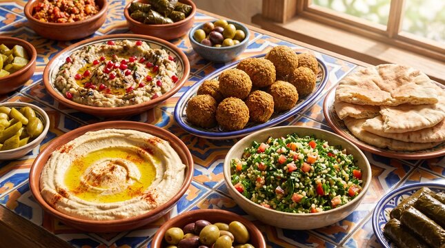 Variety of traditional middle eastern food on a table
