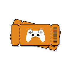 Game ticket features white game controller design. Stacked tickets with perforated edges and barcode. Simplified style suits digital or gaming promotions. Perfect for esports, gaming events © SparkJ Design