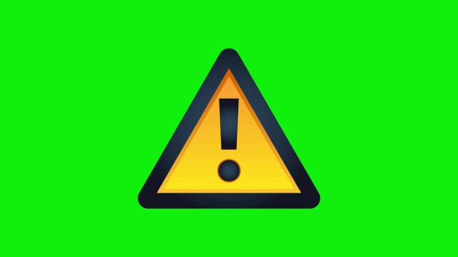 Warning sign with exclamation mark isolated on bright green background flat design