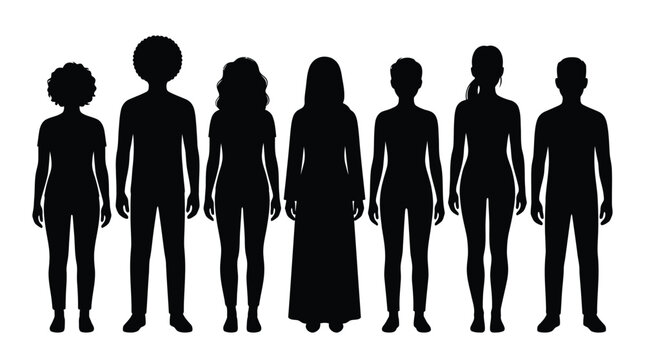 Diverse group of seven people standing together in a neat row representing community unity and social equality depicted as flat black silhouettes isolated against a clean and bright plain on white bac