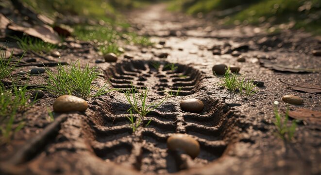 Close-up of a Tattered Muddy Boot Print on a Dirt Trail