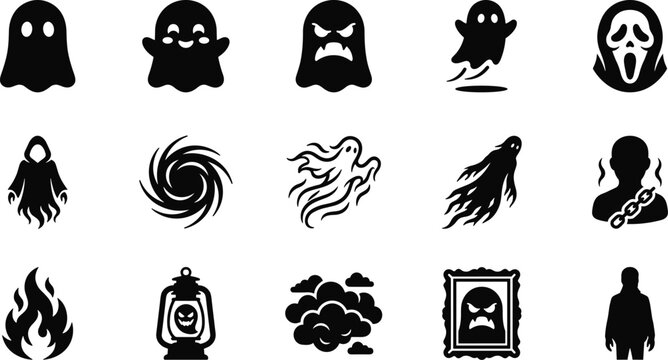 Set of spooky ghost icons and halloween silhouette symbols for horror design