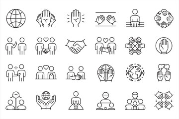 Fototapeta premium Editable Community Outline Icons for Collaboration, Inclusion, and Volunteer Projects
