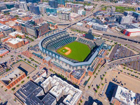 Coors Field aerial view at 2001 Blake Street in downtown Denver, Colorado CO, USA. It's the ballpark of MLB's Colorado Rockies. 