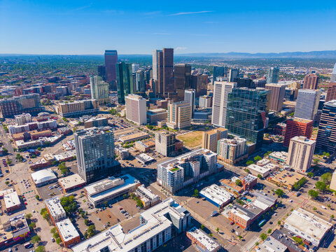 Denver modern city skyline aerial view on Ballpark District facing southeast in downtown Denver, Colorado CO, USA. 