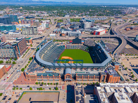 Coors Field aerial view at 2001 Blake Street in downtown Denver, Colorado CO, USA. It's the ballpark of MLB's Colorado Rockies. 