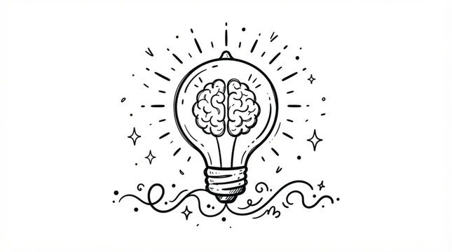 Cute hand drawn doodle brain light bulb vector sketch with playful cartoon thinking line style for whimsical mental health awareness decorations