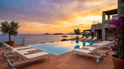 Fototapeta premium Luxury villa with infinity pool overlooking scenic sea view at beautiful sunset.