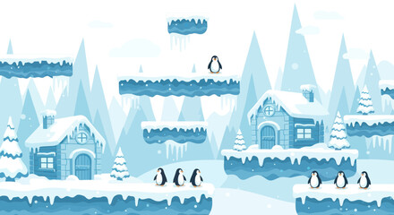 Winter penguin platformer game level design with snowy houses © Damung