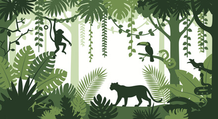 Tropical rainforest wildlife with panther monkey and toucan silhouettes © Damung