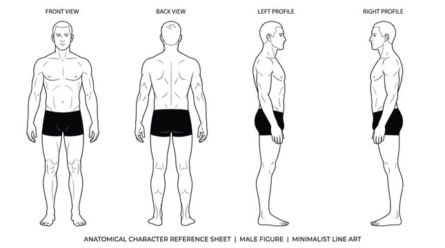 Anatomical reference sheet featuring a muscular male figure shown from four distinct standing body angles
