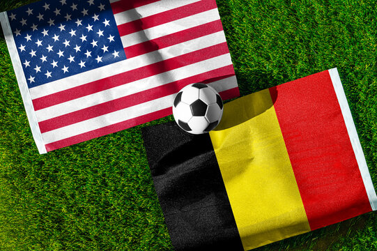 United States vs Belgium, national flags before international football match, football on green grass with stadium in the background, Lumen Field, Seattle, United States, July 6, 2026