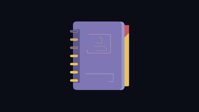 Flat motion illustration of a purple address book with tabs