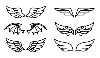 Minimal wing vector icons set with feather angel and aviation wing symbols © Milon