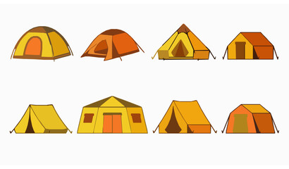 Camping tent vector illustration set with yellow orange outdoor hiking and tourist tent designs © Milon