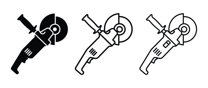 Set of three angle grinder machine icons in black and white line art and silhouette styles