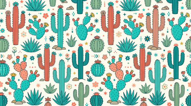 Colorful cactus pattern with flowers and succulents