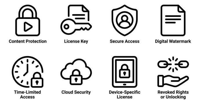 Set of digital security and data protection icons showing locks keys cloud access and license symbols Minimal icon set bundle collection. Editable Vector Illustration Mega pack