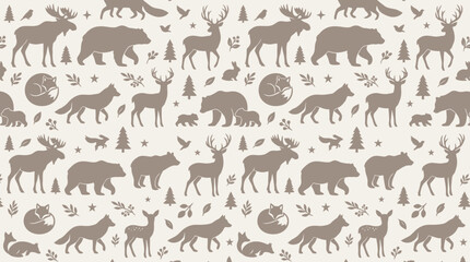 Obraz premium Woodland animal pattern with deer bear and fox silhouettes