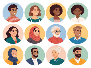 Fototapeta premium Diverse people portraits with varied ethnicities and ages in circular frames isolated on transparent background