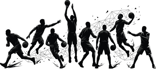 Basketball Player Action Pose Collection Dynamic Dribbling Shooting Passing and Dunking Sports Illustration Set Isolated on White Background © Prince7011
