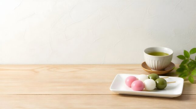 Traditional Japanese hanami dango skewers with hot green tea on light wood table with copy space