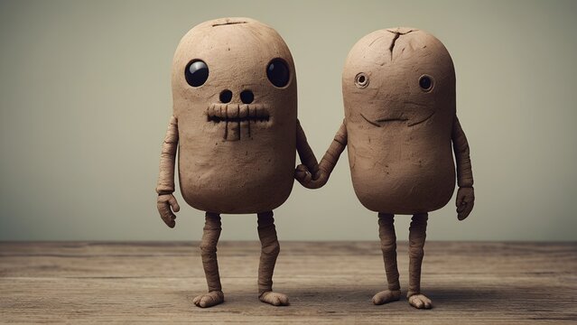 An illustration shows two brown, anthropomorphic, potato-like characters holding hands. They have simple, expressive features, resembling clay figures.

