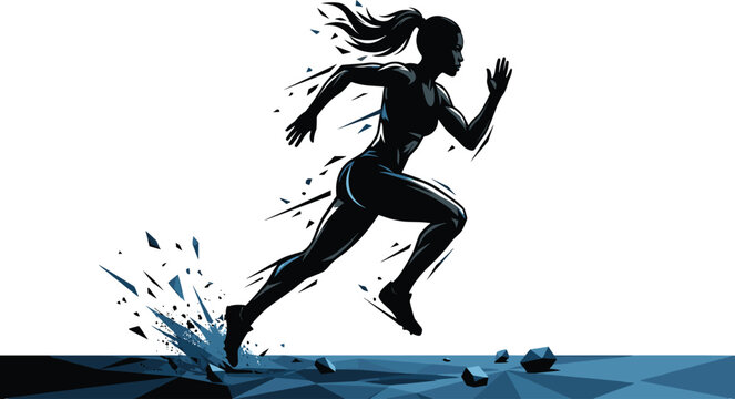 Dynamic Female Sprinter Running Sports Action Silhouette with Speed Motion Effect Fitness Athlete Illustration Isolated on White Background