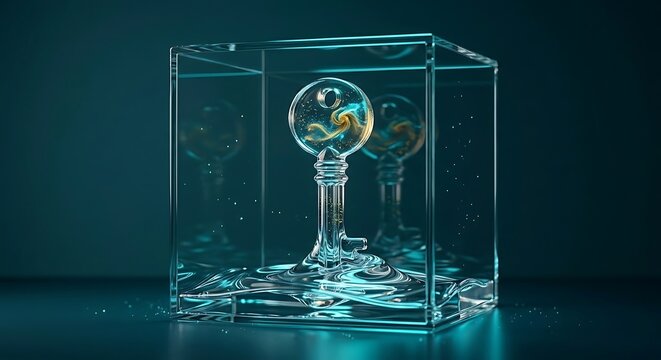 A glowing cosmic key trapped inside a transparent glass cube