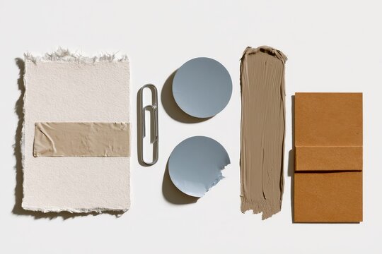 Flat lay of various art and design materials including textured paper, blue paint swatches, a metal paperclip, a brown paint stroke, and a cork texture isolated on white background