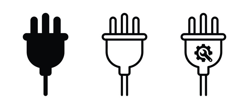 Set of three black electric power plug icons with gear and wrench symbol for repair service