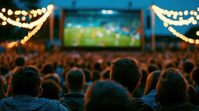 People gathered to watch a football match on a large outdoor screen at night with decorative string lights