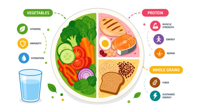 Healthy meal plan divided into four sections: vegetables, protein, whole grains, and hydration. Colorful vegetables offer vitamins and immune support. Protein sources fuel strength