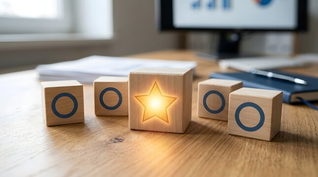Outstanding performance concept with glowing star icon on wooden blocks among simple circle symbols, representing excellence recognition, top quality rating, and standout