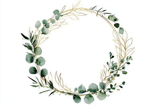 Watercolor eucalyptus wreath with gold geometric frame isolated on white background