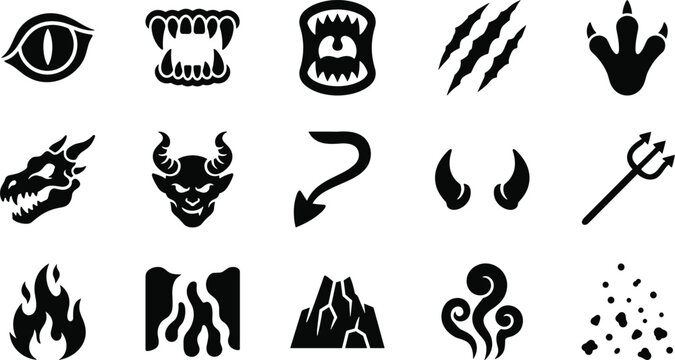 Set of black monster and demon icons including eyes teeth claws horns and fire symbols for fantasy design projects