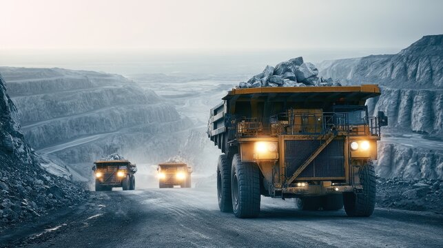 Heavy mining dump trucks driving on a road in a large openpit mine, transporting rocks and ore in a quarry, industrial landscape with heavy machinery
