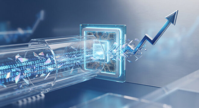 "An abstract, futuristic 3D render representing high-speed computing. A stream of glowing binary code and geometric data shards flows through a transparent glass tunnel,