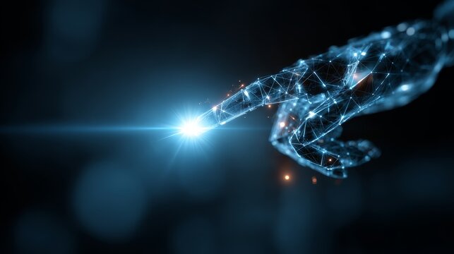 Futuristic robotic hand extending finger to touch neon blue interface grid of interlinked nodes, light flare at the point of contact