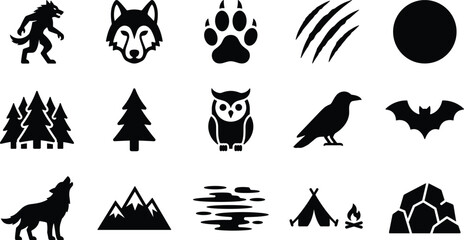 Fototapeta premium Set of black silhouette icons featuring wildlife nature forest animals werewolf moon and camping elements for adventure design