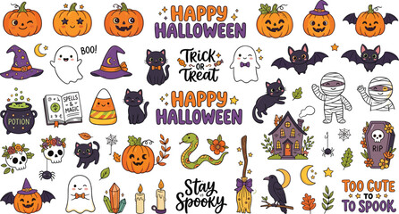 Fototapeta premium Happy Halloween cute doodle sticker set featuring spooky ghosts pumpkins black cats bats mummies and autumn holiday elements vector illustrations.