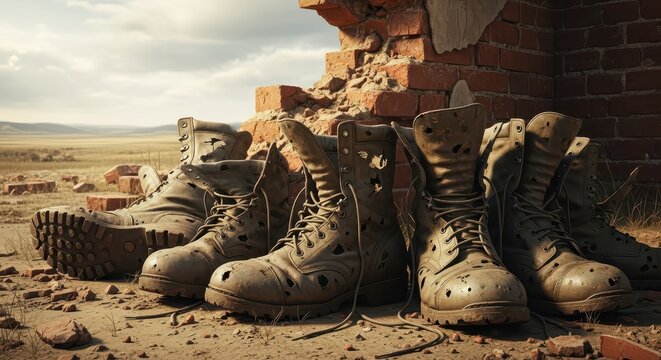 Collection of Worn Military Boots Leaning Against Ruined Brick Wall