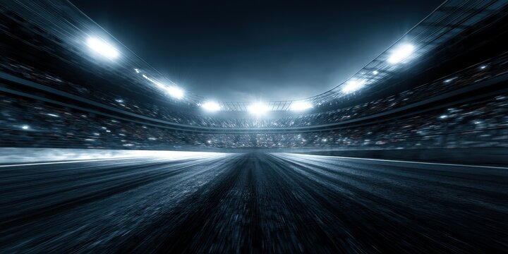 Empty stadium track at night with bright stadium lights shining down on the ground
