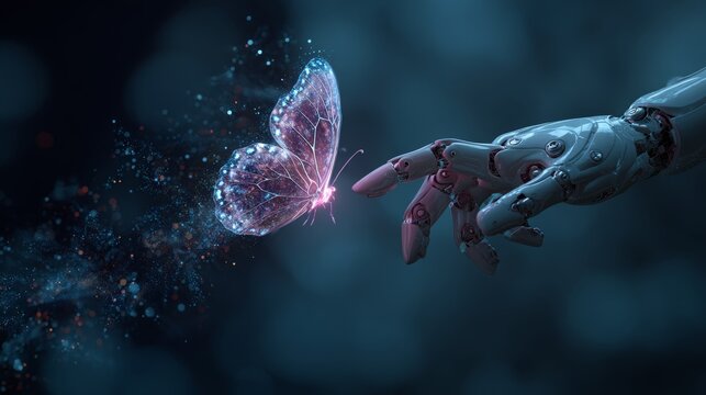 Abstract illustration of cybernetic fingers making contact with a levitating butterfly made of glowing data particles and virtual textures